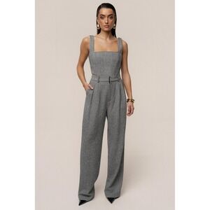 JLUXLABEL Grey Herringbone Wide Leg Pleated High Waist‎ Trousers Pants LARGE NEW